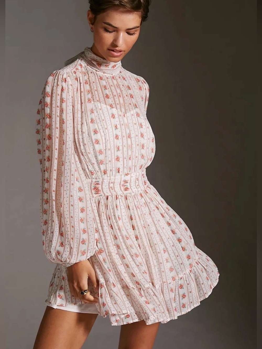 Let Me Be Mock by Anthropologie Neck Sheer Mini Dress Pink Floral Combo Lg NWT